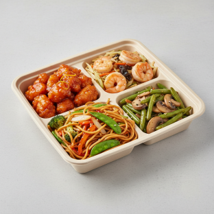 Orange Chicken, MuShu Prawns , Garlic Noodles, Green Beans & Mushrooms