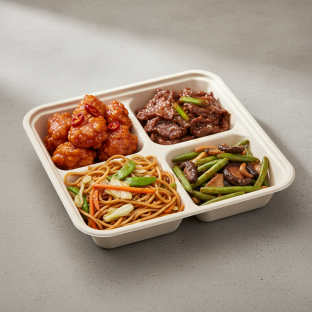 Orange Chicken, Mongolian Beef, Vegetable Chow Mein, Green Beans & Mushrooms