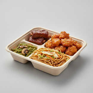 Orange Chicken, Spare Ribs, Vegetable Chow Mein, Green Beans & Mushrooms