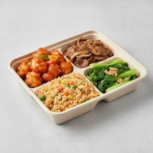 Sweet & Sour Chicken, Beef & Oyster Sauce, Veggie Fried Rice, Bok Choy & Garlic