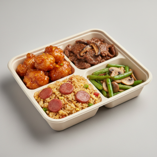 Sweet & Sour Chicken, Mongolian Beef, Sausage Fried Rice, Bok Choy & Garlic