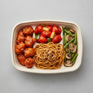 Sweet & Sour Chicken, Beef & Oyster Sauce, Sausage Fried Rice, Bok Choy & Garlic