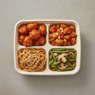 Sweet & Sour Chicken, MuShu Prawns, Sausage Fried Rice, Bok Choy & Garlic