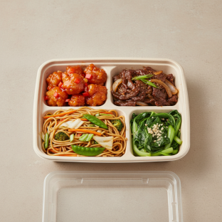 Sweet & Sour Chicken, Spare Ribs, Garlic Noodles, Bok Choy and Garlic