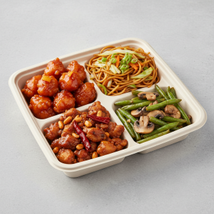 Sweet & Sour Chicken, Beef & Oyster Sauce, Rice, Green Beans & Mushrooms