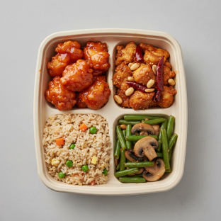 Sweet & Sour Chicken, MuShu Prawns, Jasmine Rice, Green Beans & Mushrooms