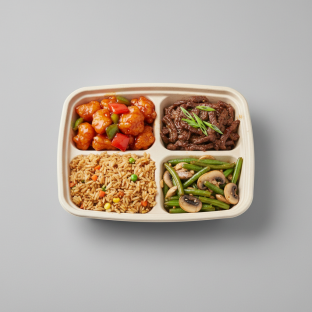 Sweet & Sour Chicken, Mongolian Beef, Veggie Fried Rice, Green Beans & Mushrooms