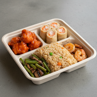 Sweet & Sour Chicken, MuShu Prawns, Veggie Fried Rice, Green Beans & Mushrooms