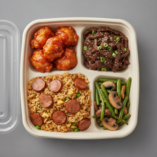 Sweet & Sour Chicken, Mongolian Beef, Sausage Fried Rice, Green Beans & Mushroom