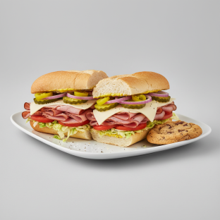 Ham and Swiss Sub on White Bread and a Chocolate Chip Cookie