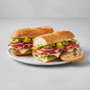 Ham and Swiss Sub on Parmesan Bread and a Chocolate Chip Cookie
