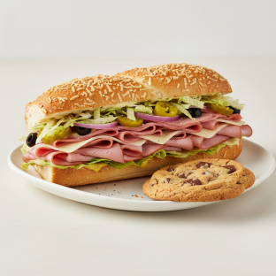 Ham and Swiss Sub on Parmesan Bread and a Chocolate Chip Cookie (No Tomatoes)