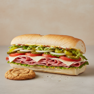 Ham and Swiss Sub on White Bread and a Peanut Butter Cookie