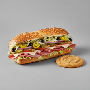 Ham and Swiss Sub on Parmesan Bread and a Peanut Butter Cookie (No Tomatoes)