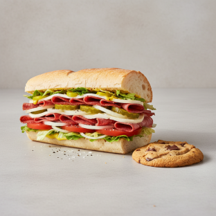 Salami and Provolone Sub on White Bread and a Chocolate Chip Cookie