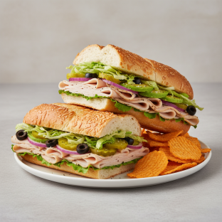 Turkey & Avocado Sub on Parmesan Bread, Harvest Cheddar Sun Chips (No Tomatoes)