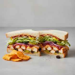 BBQ Chipotle Chicken on White Bread w/ Harvest Cheddar Sun Chips (No Tomatoes)