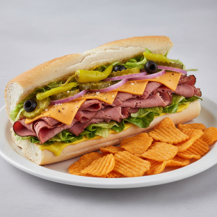 Hot Pastrami Sub on White Bread with Harvest Cheddar Sun Chips (No Tomatoes)