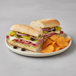 Ham and Swiss Sub on White Bread with Harvest Cheddar Sun Chips (No Tomatoes)