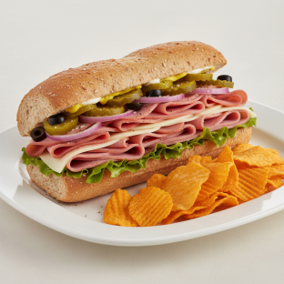 Ham & Swiss Sub on Wheat Bread with Harvest Cheddar Sun Chips (No Tomatoes)