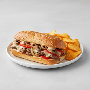 Beef Cheesesteak Sub on Parmesan Bread with Harvest Cheddar Sun Chips