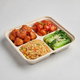 Orange Chicken, Sweet & Sour Chicken, Vegetable Fried Rice, Bok Choy and Garlic