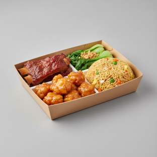 Orange Chicken, Spare Ribs, Vegetable Fried Rice, Bok Choy and Garlic