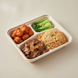 Orange Chicken, Beef & Oyster Sauce, Vegetable Fried Rice, Bok Choy & Garlic