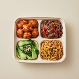 Orange Chicken, Mongolian Beef, Garlic Noodles, Bok Choy and Garlic