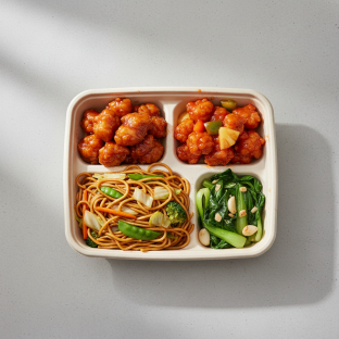 Orange Chicken, Sweet & Sour Chicken, Vegetable Chow Mein, Bok Choy and Garlic