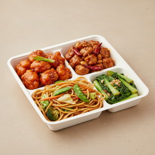Orange Chicken, Kung Pao Chicken, Vegetable Chow Mein, Bok Choy and Garlic