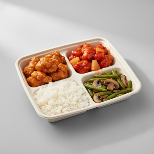 Orange Chicken, Sweet & Sour Chicken, Jasmine Rice, Green Beans & Mushrooms
