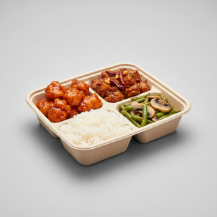 Orange Chicken, Kung Pao Chicken, Steamed Jasmine Rice, Green Beans & Mushrooms