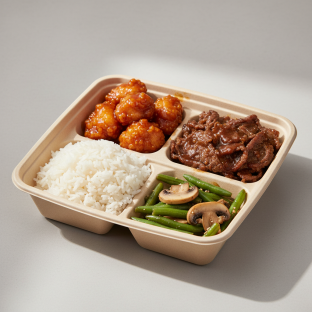 Orange Chicken, Mongolian Beef, Steamed Jasmine Rice, Green Beans & Mushrooms