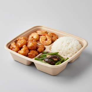 Orange Chicken, MuShu Prawns, Steamed Jasmine Rice, Green Beans & Mushrooms