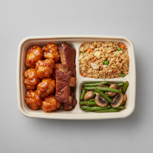 Orange Chicken, Spare Ribs, Vegetable Fried Rice, Green Beans & Mushrooms
