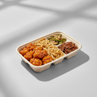 Orange Chicken, Beef with Oyster Sauce, Garlic Noodles, Green Beans & Mushrooms