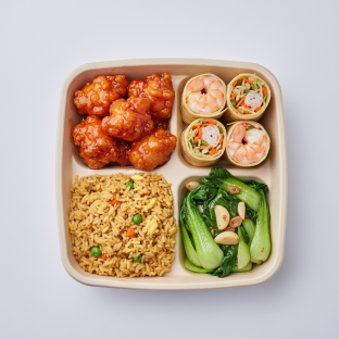 Sweet & Sour Chicken, MuShu Prawns, Vegetable Fried Rice, Bok Choy and Garlic