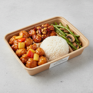 Sweet & Sour Chicken, Kung Pao Chicken, Steamed Rice, Green Beans & Mushrooms