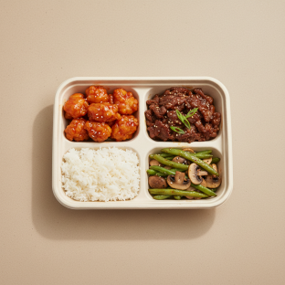 Sweet & Sour Chicken, Mongolian Beef, Jasmine Rice, Green Beans & Mushrooms