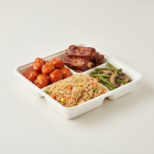 Sweet & Sour Chicken, Spare Ribs, Vegetable Fried Rice, Green Beans & Mushrooms