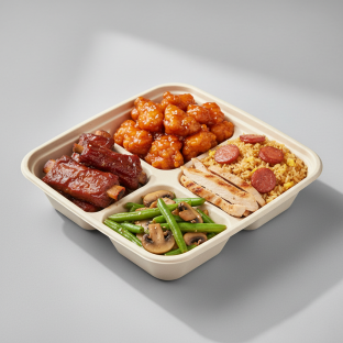 Sweet & Sour Chicken, Spare Ribs, Sausage Fried Rice, Green Beans & Mushrooms