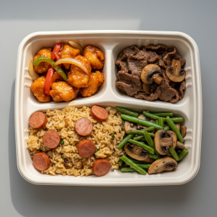 Orange Chicken, Beef & Oyster Sauce, Sausage Fried Rice, Green Bean & Mushroom