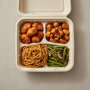 Orange Chicken, Kung Pao Chicken, Garlic Noodles, Green Beans & Mushrooms