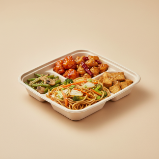 Orange Chicken, Kung Pao Chicken, Vegetable Chow Mein, Green Beans & Mushrooms