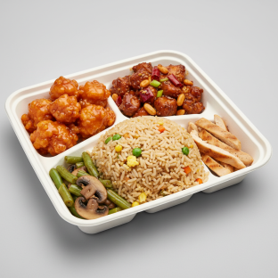 Orange Chicken, Kung Pao Chicken, Vegetable Fried Rice, Green Beans & Mushrooms