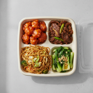 Sweet & Sour Chicken, Mongolian Beef, Vegetable Chow Mein, Bok Choy and Garlic