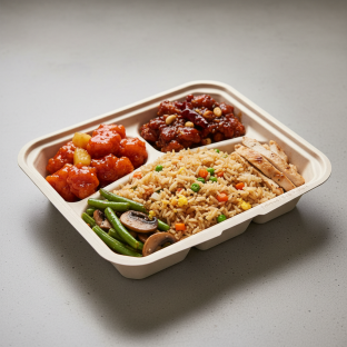 Sweet & Sour Chicken, Kung Pao Chicken, Veg Fried Rice, Green Beans & Mushrooms