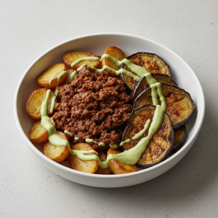 Macro Bowl: Picadilo Beef with Miso Eggplant and Potatoes