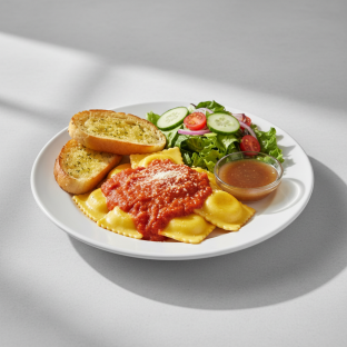 Cheese Ravioli Marinara With House Salad and Garlic Bread Cheese Ravioli Marinara With House Salad and Garlic Bread